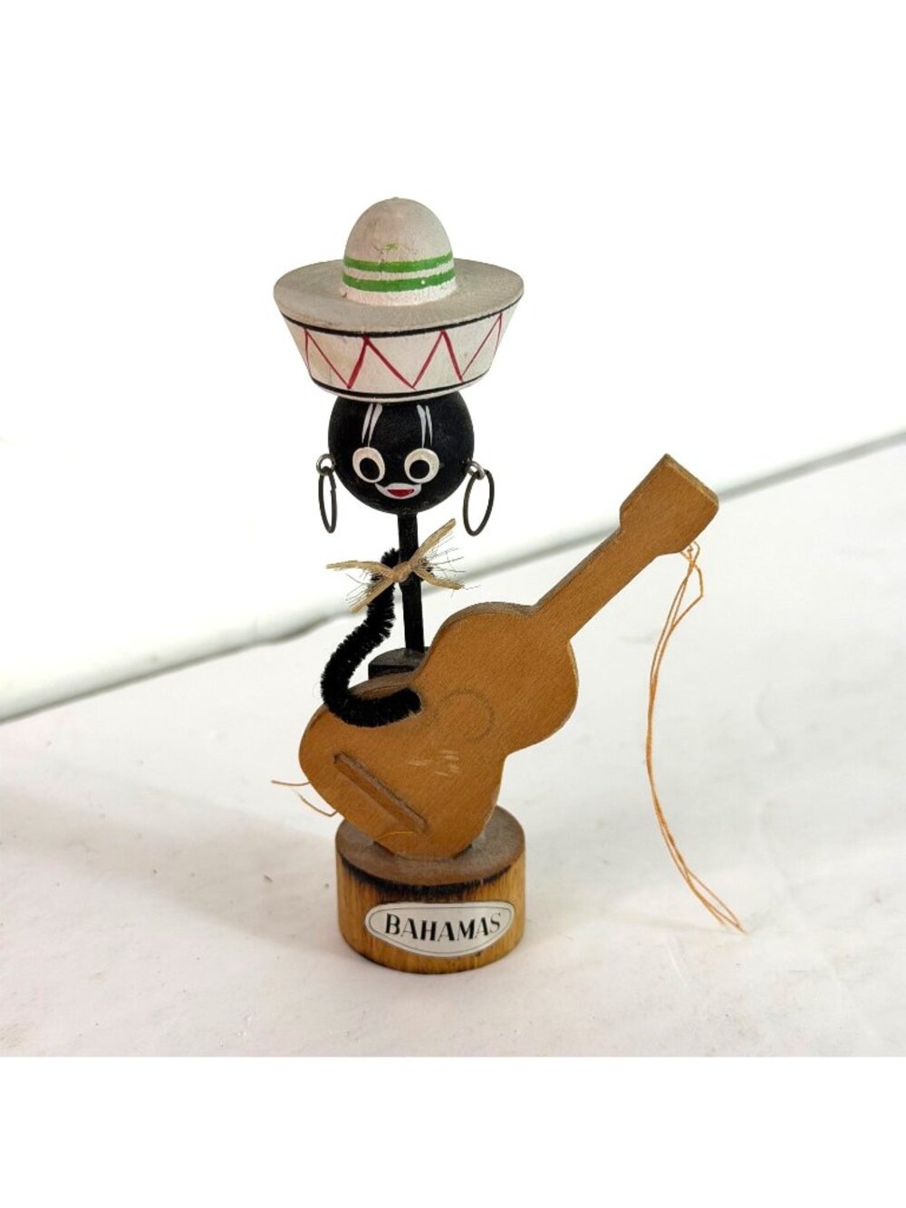 Vintage 1969 Bahamas Souvenir Wood Folk Art Musician Figurine Guitar Sombrero